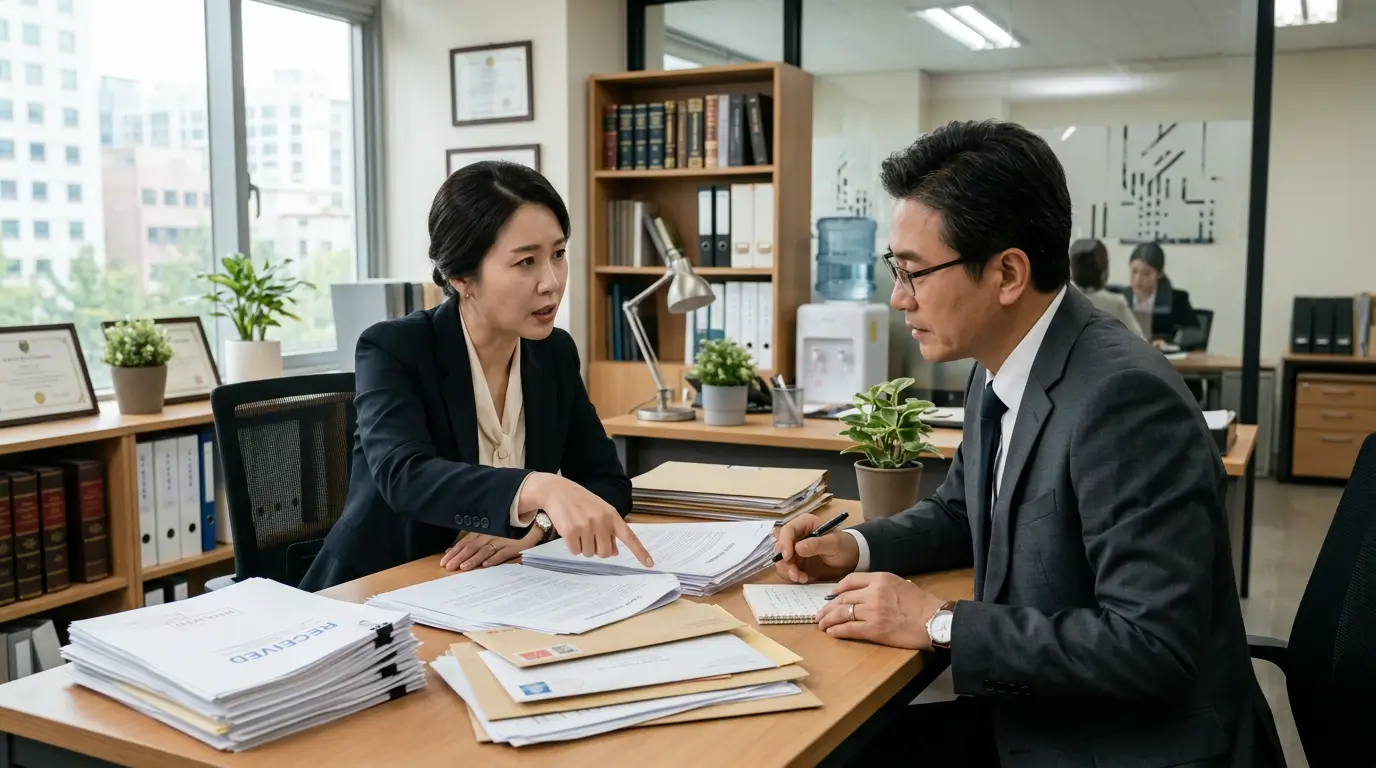 밝고 정돈된 법무사 사무실 내부에서 서류 뭉치를 쥔 40대 여성이 임차권 등기 절차에 대해 진지하게 상담받는 사실적인 장면