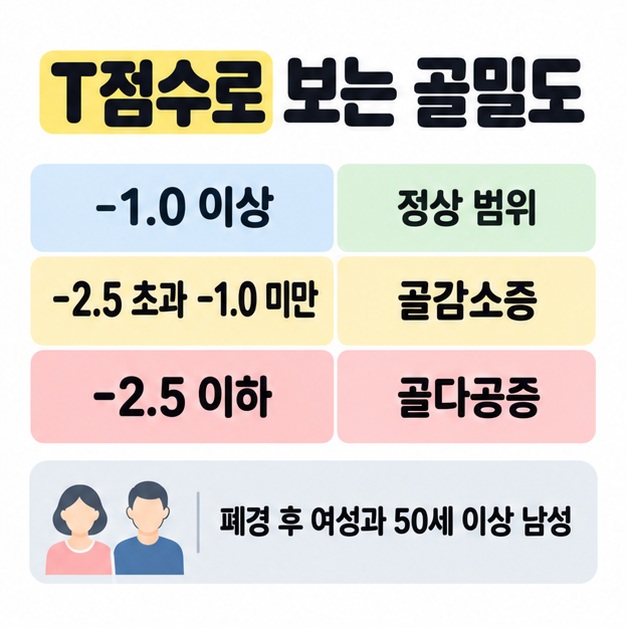 T점수 -1.0 이상은 정상 범위, -2.5 초과 -1.0 미만은 골감소증, -2.5 이하는 골다공증으로 분류하고 적용 대상을 폐경 후 여성과 50세 이상 남성으로 표시한 표