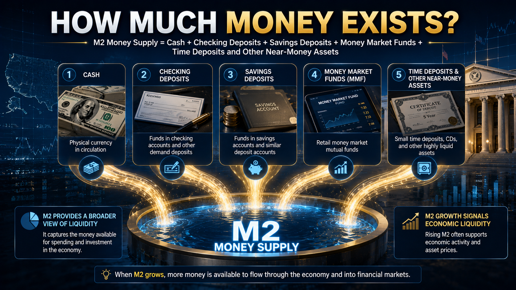 Infographic showing the components of M2 money supply including cash, checking accounts, savings deposits and money market funds