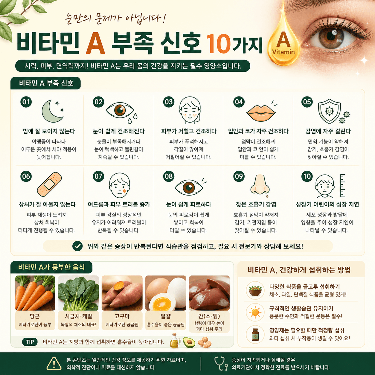 비타민 A 부족 시 나타날 수 있는 주요 증상과 비타민 A가 풍부한 식품을 한눈에 정리한 인포그래픽