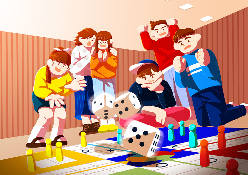 보드게임을 하면서 즐거워하는 아이들 모습 일러스트