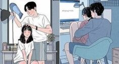 모르는-여성의-머리를-드라이해주고-앞에-안아-함께-의자에 앉아있는-모습
