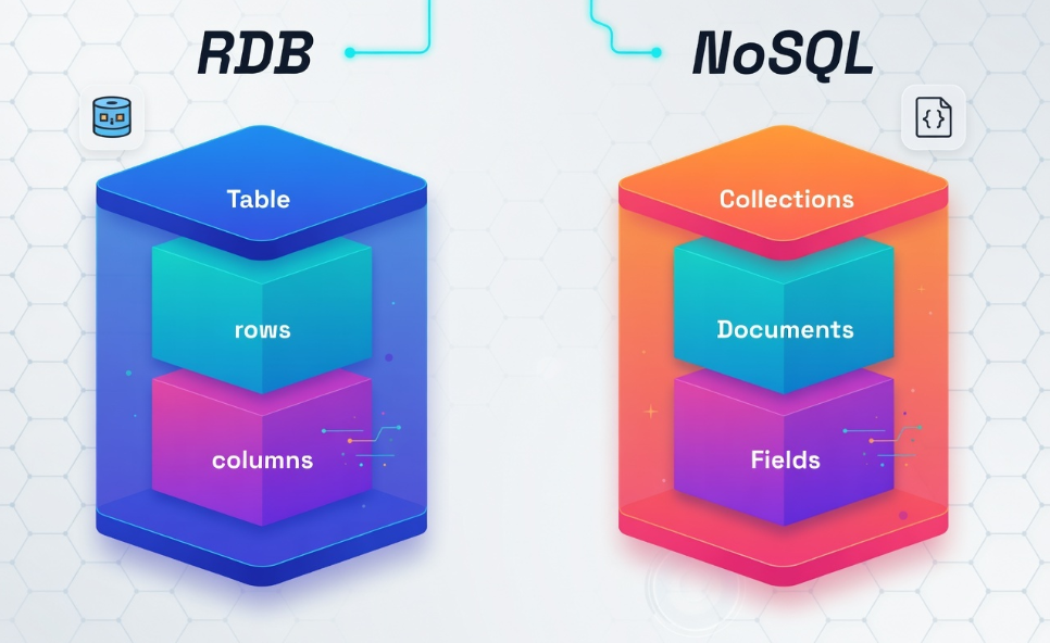 관계형 데이터베이스(RDB)와 NoSQL 데이터베이스 구조를 나란히 비교한 데이터베이스 유형 비교도