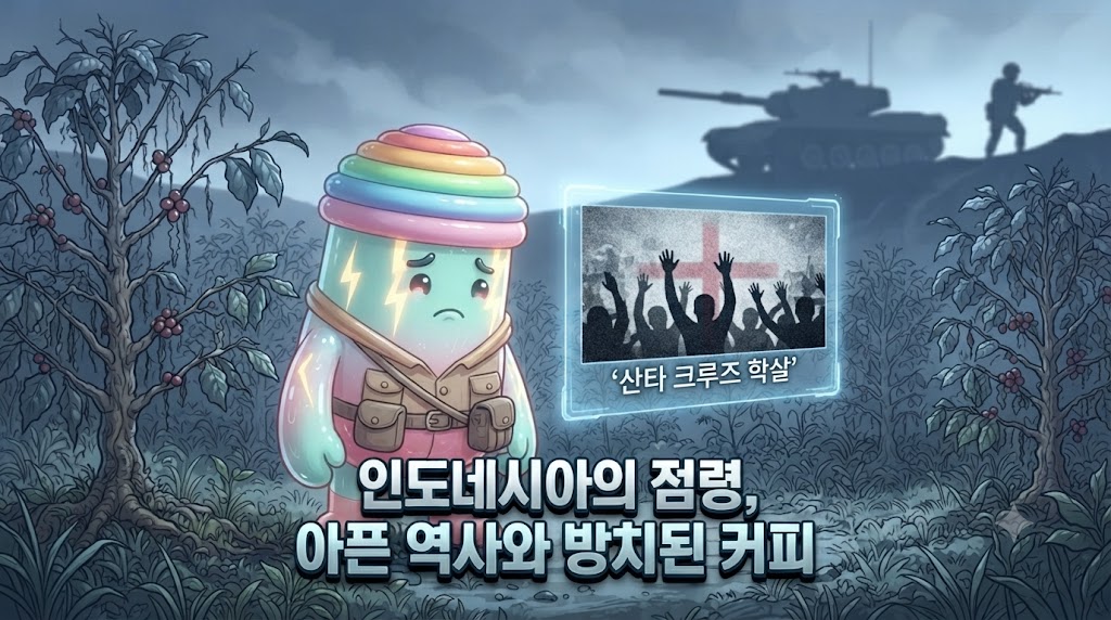 쫀쿠가 황폐해진 커피 농장에서 슬픈 표정으로 서 있습니다. 쫀쿠의 눈앞 홀로그램으로는 산타 크루즈 묘지 학살 장면이 비치고 있습니다. 점령 기간 동안 방치되어 노화되고 병든 커피나무들이 앙상하게 말라가고 있고, 농장 주변으로는 철조망이 쳐져 있으며 인도네시아 군인의 그림자가 보입니다.