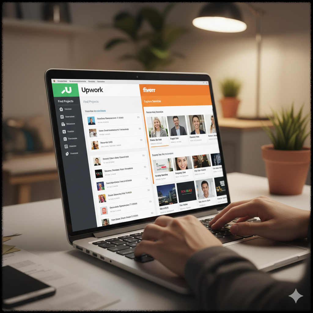 프리랜서가 Upwork와 Fiverr에서 프로젝트를 검색하는 모습