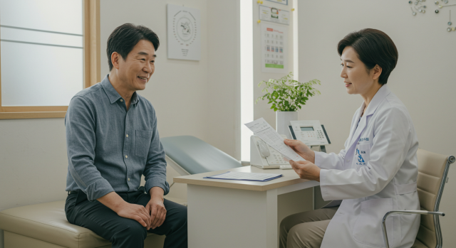 한국 중년 남성이 병원에서 혈액검사 상담 받는 장면