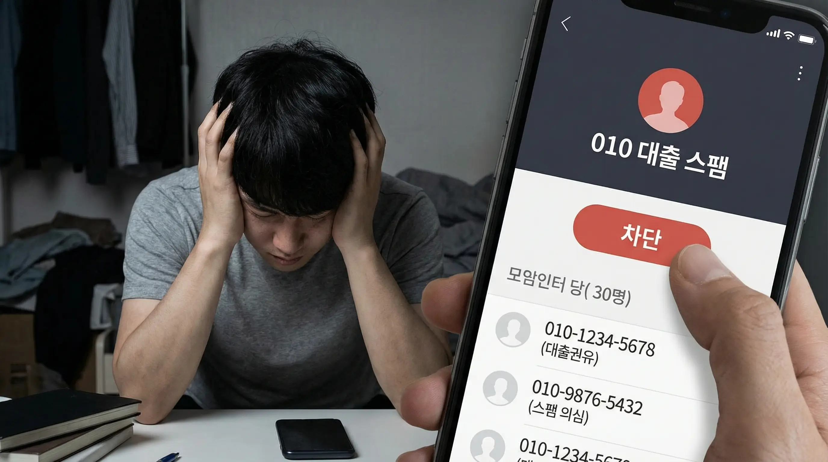 끊임없이 걸려오는 010 대출 스팸 전화에 스트레스 받는 사람과 이를 차단하는 스마트폰 화면