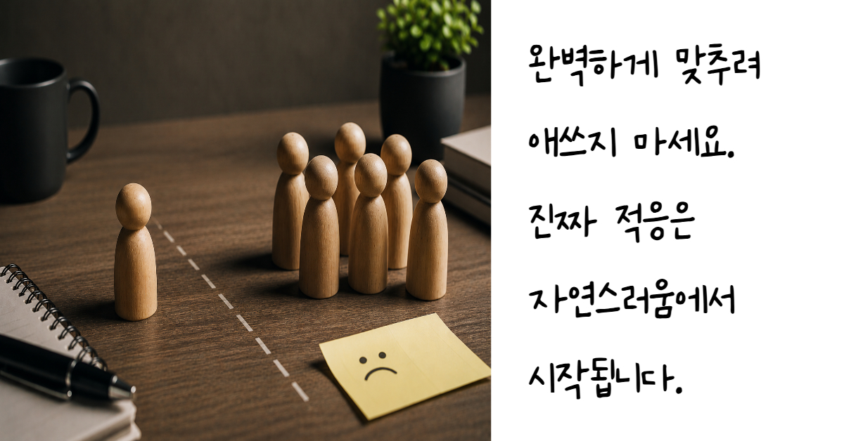 첫 직장에서 암묵적 규범과 조직문화에 적응하지 못해 소외감을 느끼는 신입사원의 심리를 나무 인형과 점선으로 표현한 사진