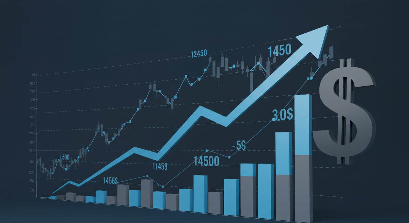 그래프가 있고 올락가고 있다 달러표시도 있다