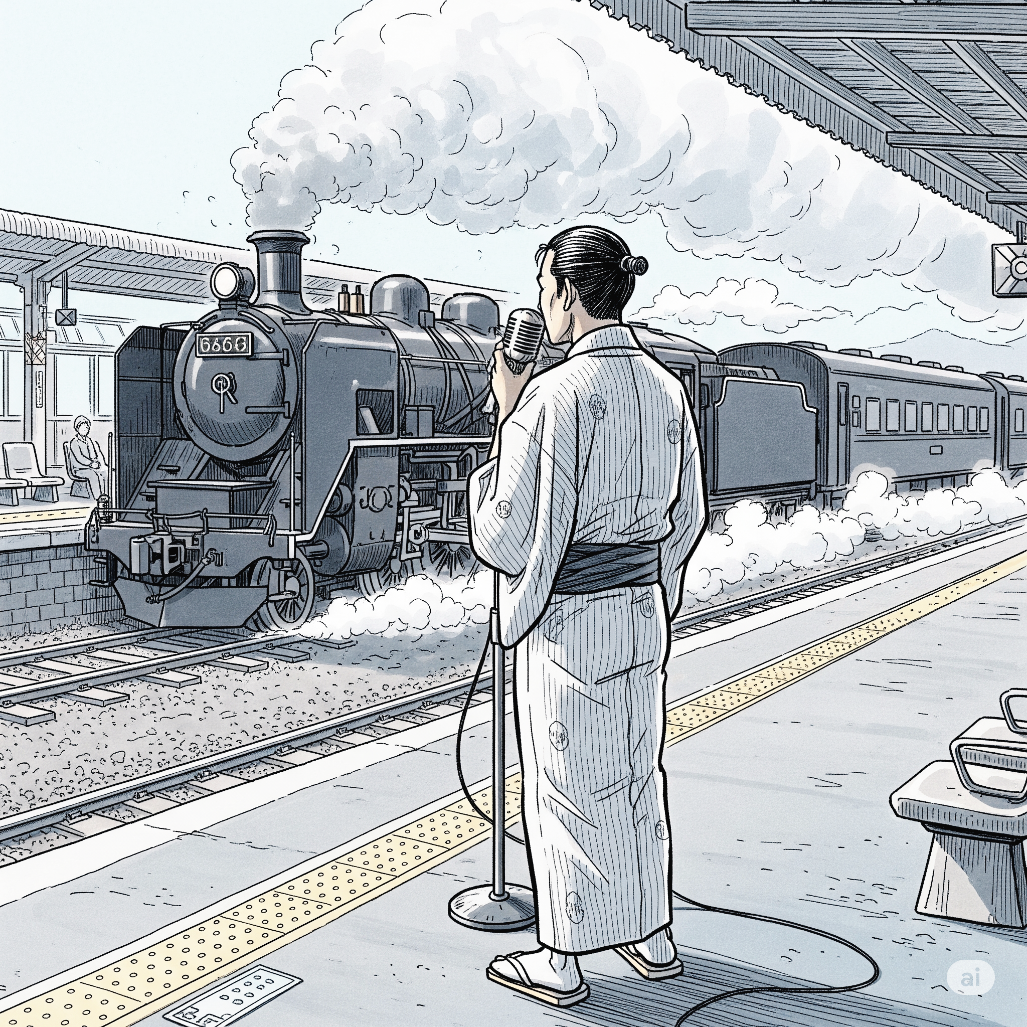 철도를 바라보며 노래하는 남자