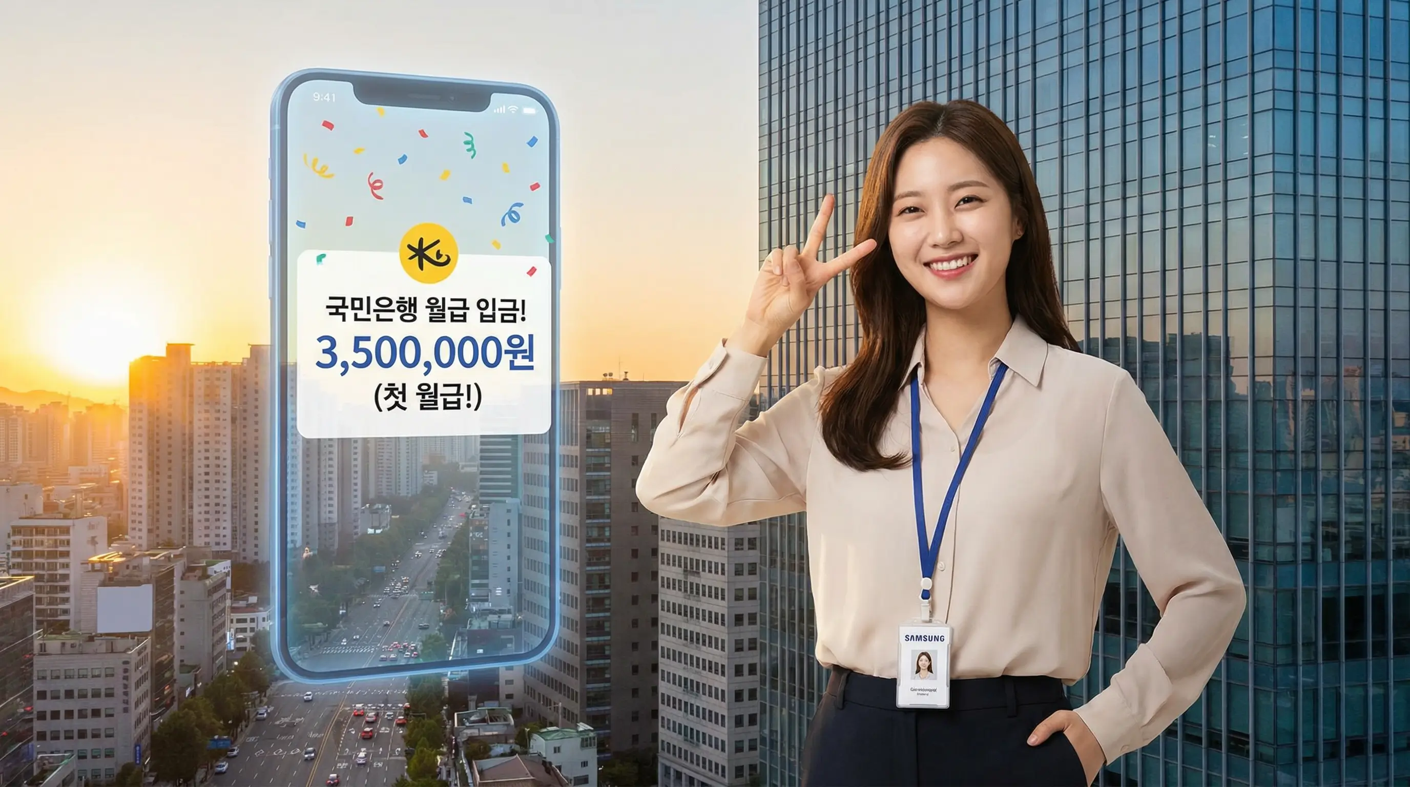 취업에 성공하여 사원증을 걸고 자신감 넘치는 표정을 짓는 모습과 배경에 떠있는 월급 입금 알림 아이콘