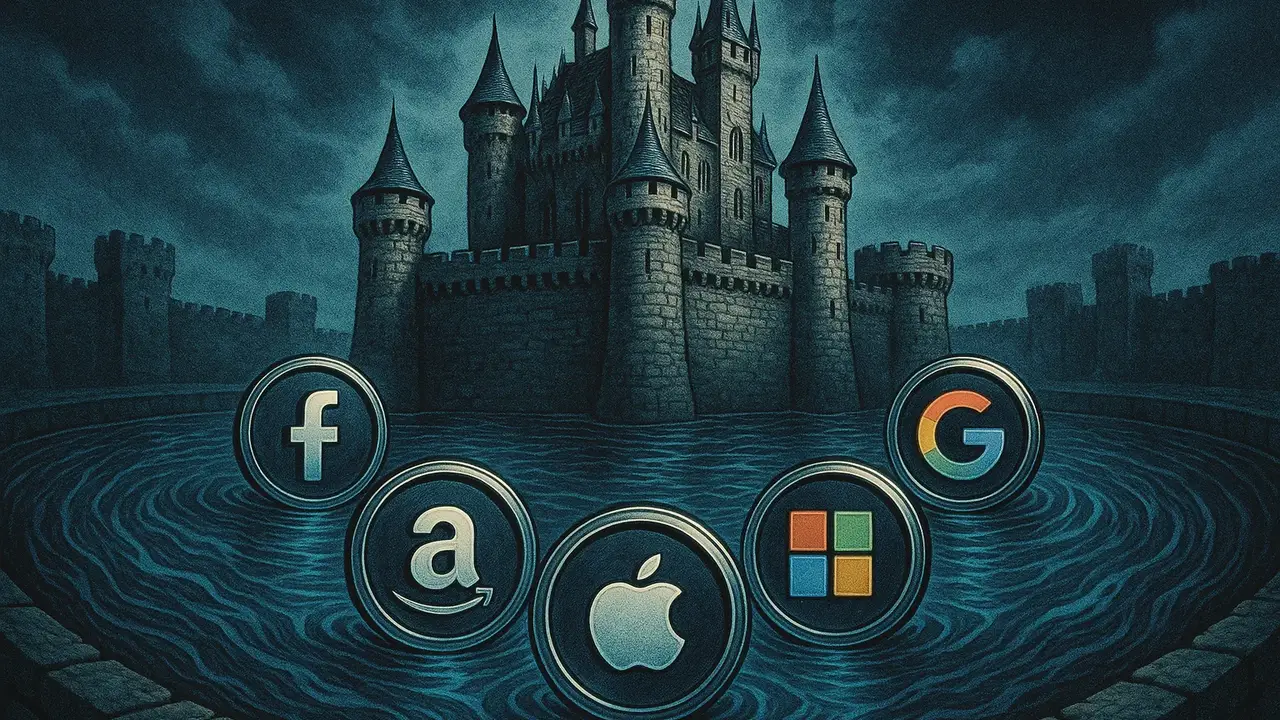 중세 성 주위의 해자 이미지와 현대 기업 로고들이 조화롭게 배치된 인포그래픽