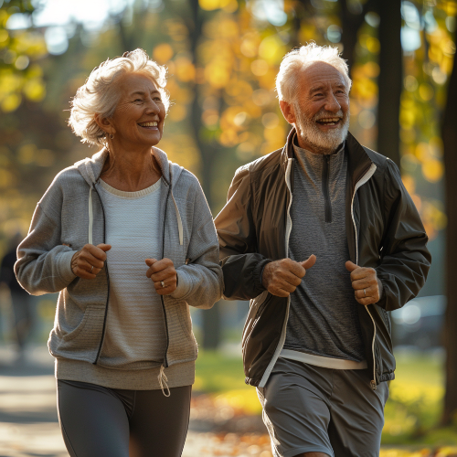 아침 햇살 아래 공원에서 활기차게 운동하는 시니어 부부의 모습