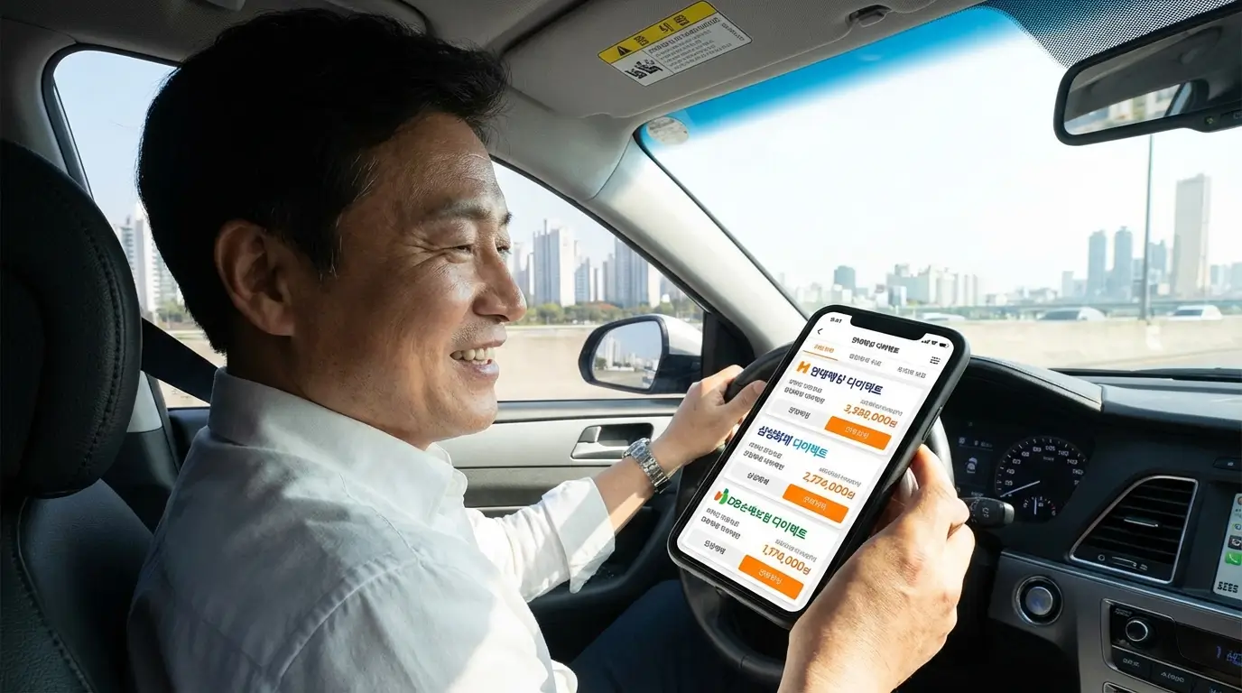 자동차 안에서 스마트폰으로 여러 보험사의 다이렉트 비교 견적을 확인하며 만족스럽게 웃고 있는 운전자의 모습