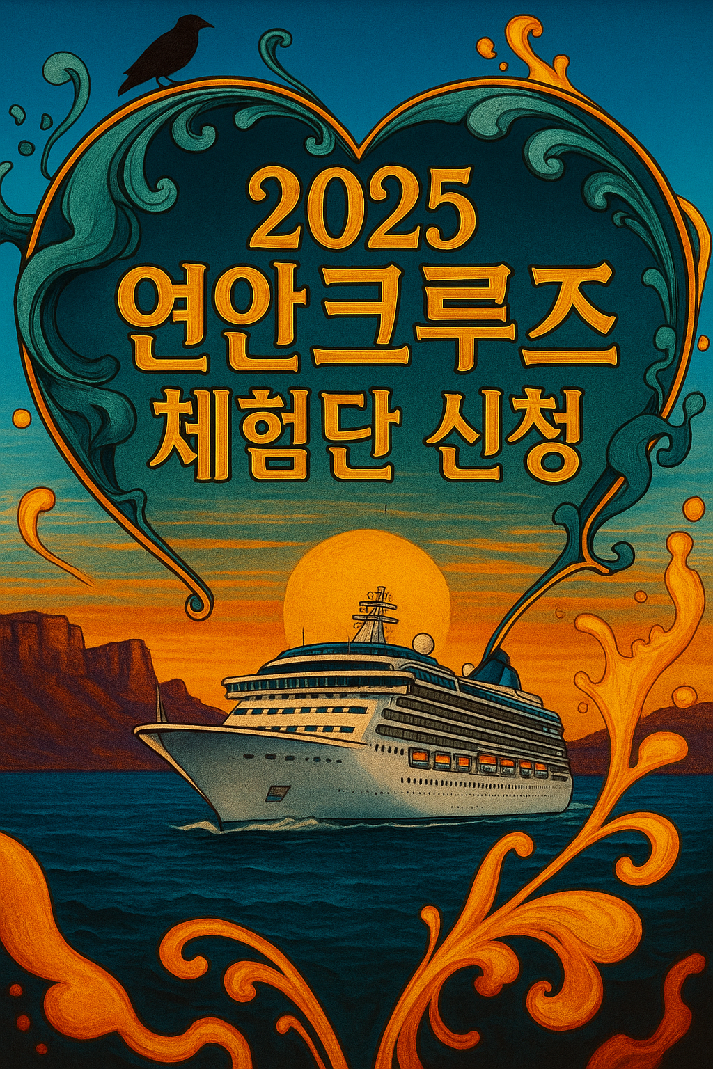 2025 연안크루즈 체험단 신청 홍보 일러스트, 호화 크루즈와 석양 배경