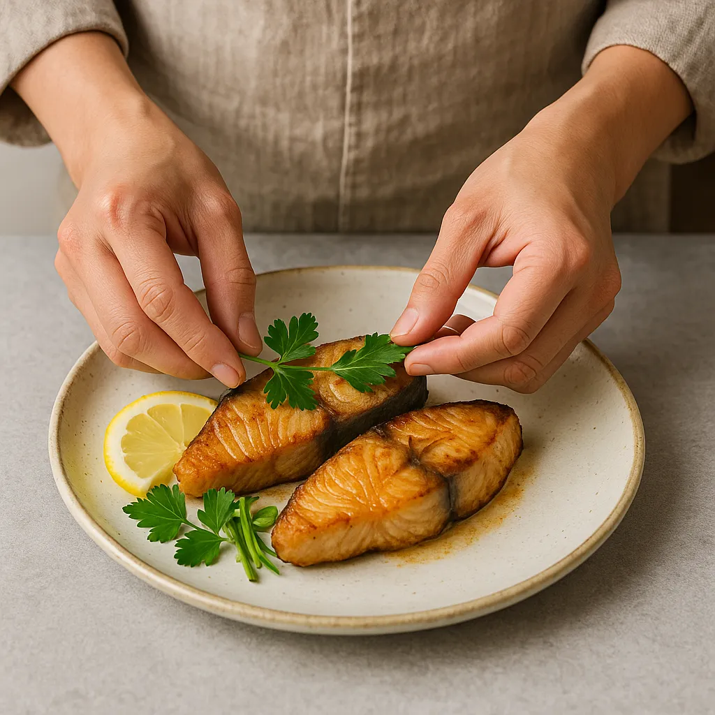 접시에 부시리 구이를 정갈하게 담는 모습