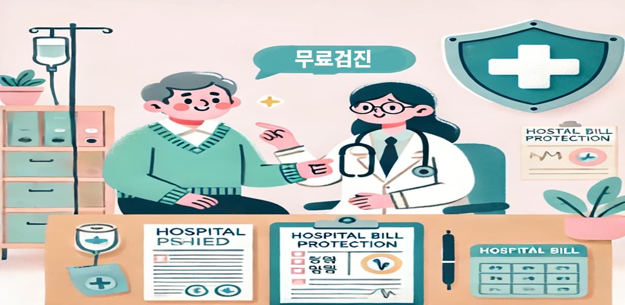 50대·60대 중장년층이 병원에서 건강검진을 받고 의료비 지원 혜택(본인부담 상한제)을 안내받는 장면