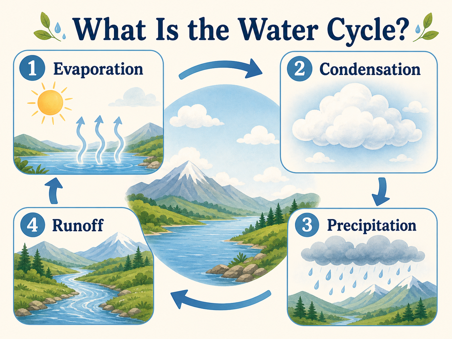 Infographic explaining the water cycle for English learners