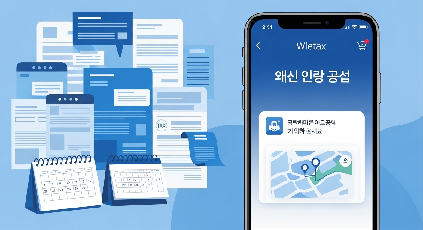 스마트위택스 앱에서 지방세 환급금을 조회하는 모습, 세금 서류 배경