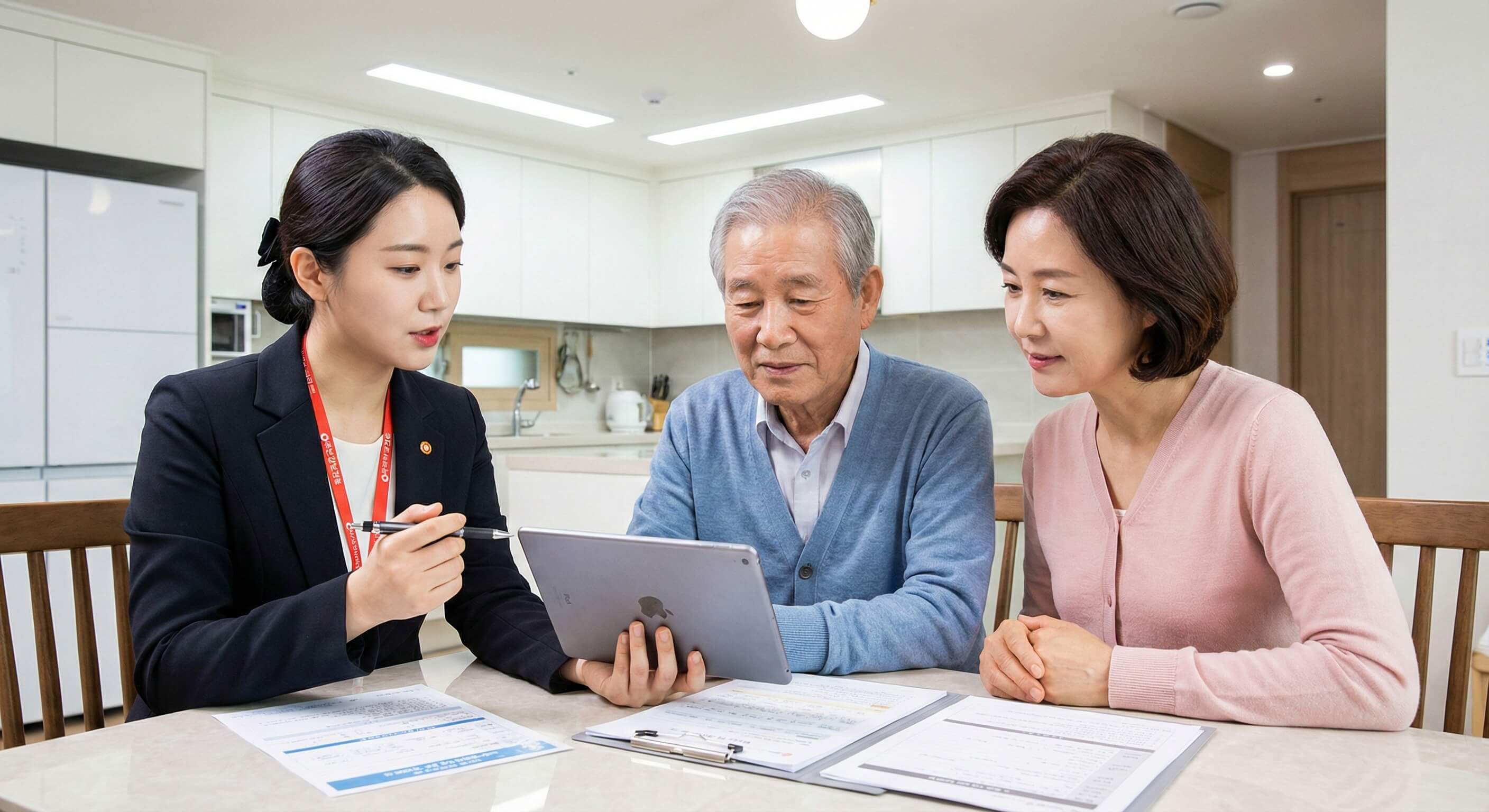 정부에서 지원받는 노인복지를 소개하고 있는 모습