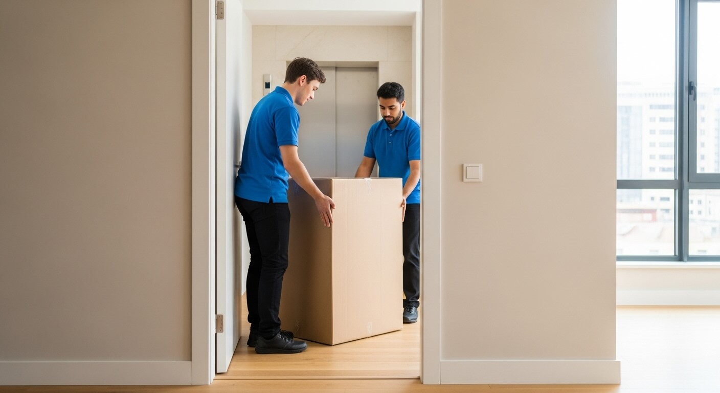 가전제품 배송원이 박스 포장 제품을 옮기는 장면