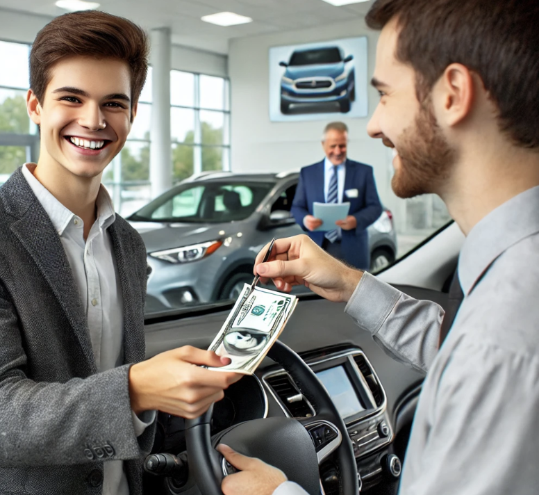 사회초년생인 사람이 자동차를 구매 하고 있는 사진