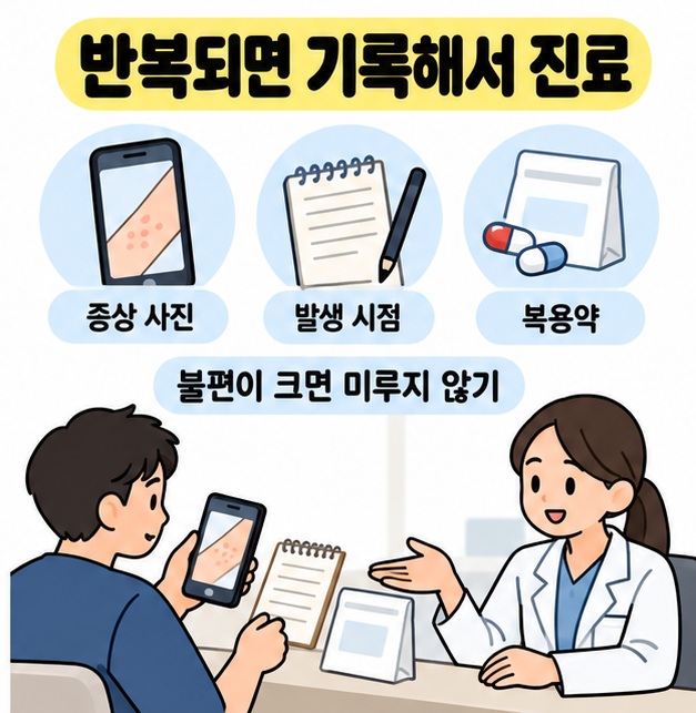 증상 사진과 발생 시점 및 복용약을 준비하라는 안내 아래 환자가 휴대전화와 메모 및 약 봉투를 의료진에게 보여주는 모습