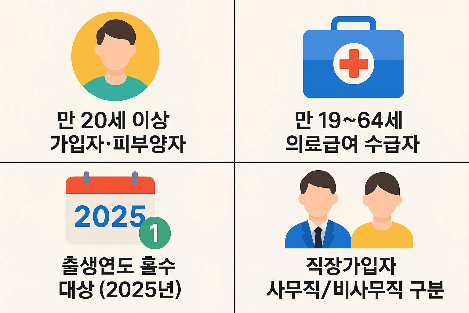 국가건강검진 대상자는 만 20세 이상 건강보험 가입자와 피부양자, 만 19~64세 의료급여 수급자, 출생연도 홀수 대상, 직장가입자 사무직 및 비사무직으로 구분됨을 설명하는 인포그래픽