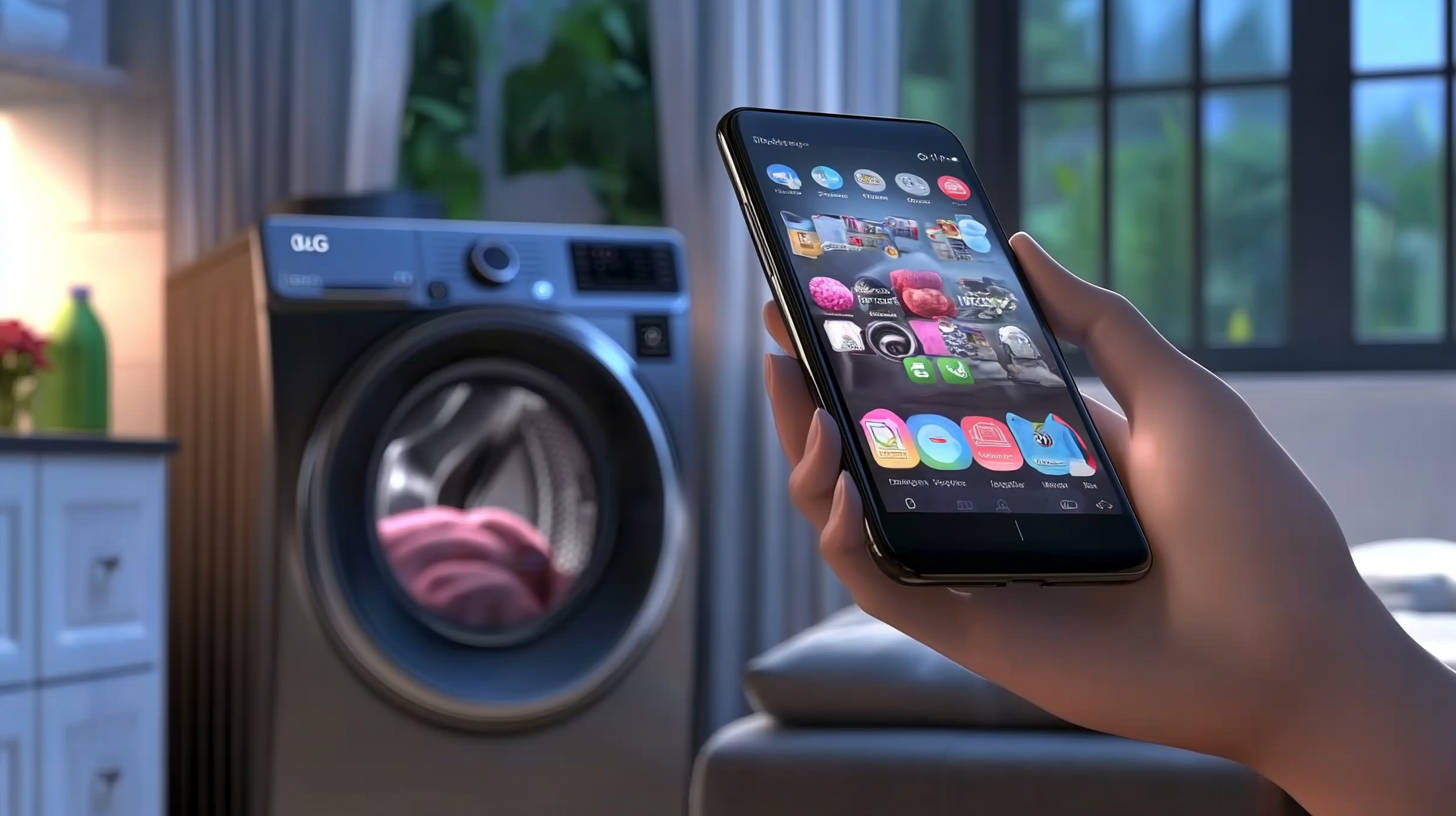 스마트홈에서 스마트폰 화면의 스마트씽큐 앱을 통해 원격으로 제어되는 LG 세탁기.