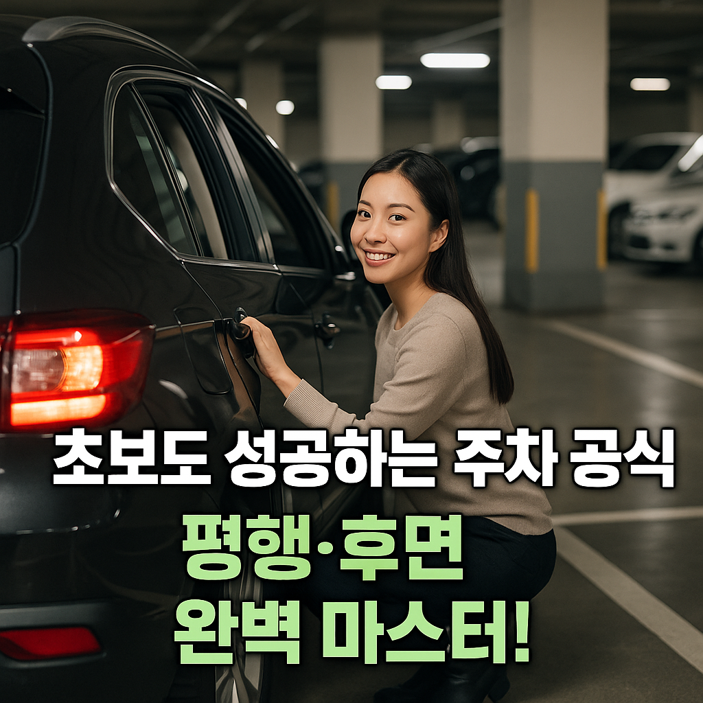 지하 주차장에서 환하게 웃는 초보 운전자