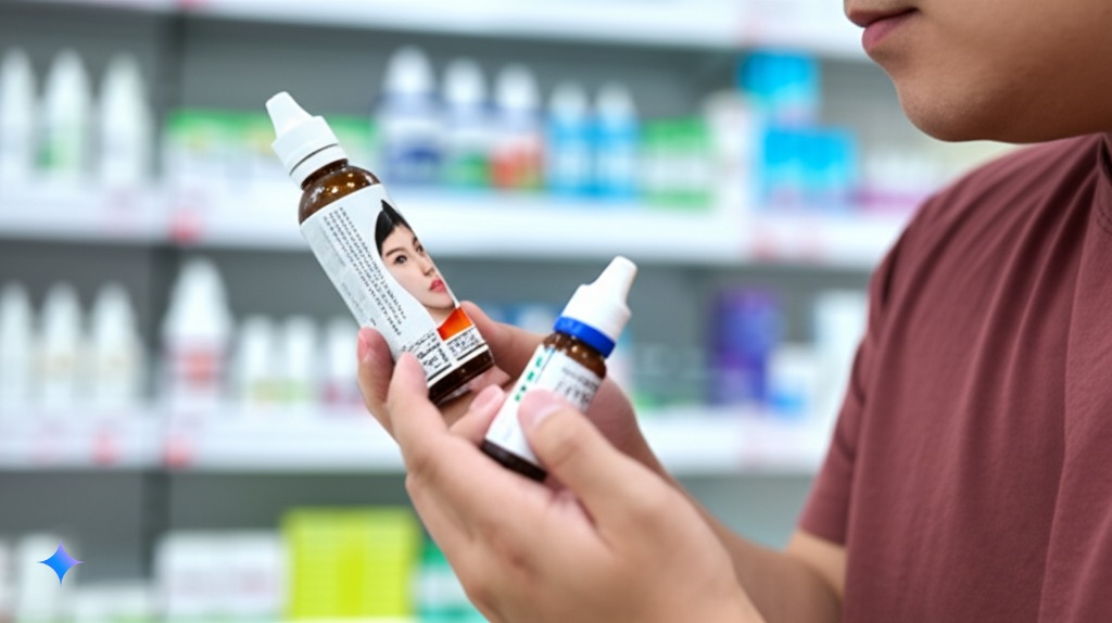 다양한 종류의 안약을 비교해보는 사람의 모습