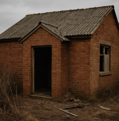 벽돌로 지어진 단층 주택이 흐린 하늘 아래 방치되어있음