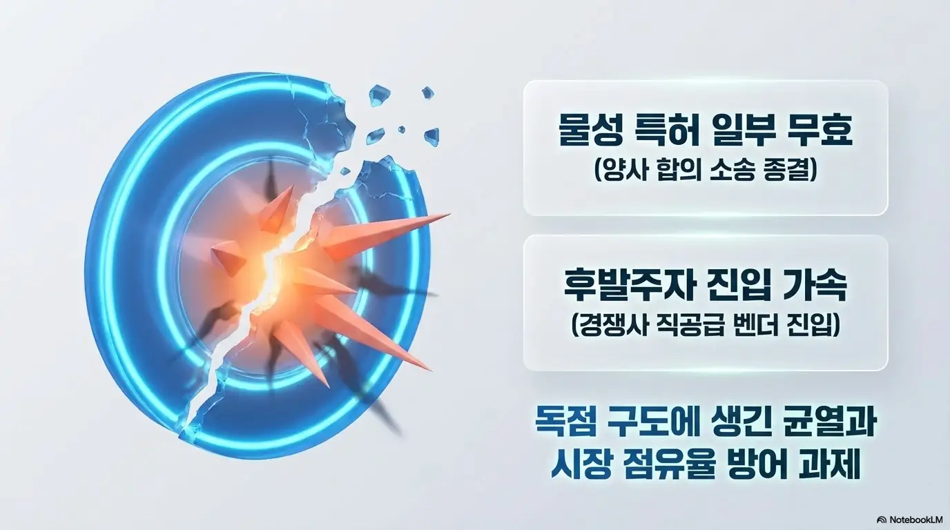 티씨케이 주가 전망: 티씨케이의 SiC링 물성 특허 일부 무효와 양사 합의 소송 종결&amp;#44; 후발주자 직공급 벤더 진입 가속을 보여주는 이미지. 독점 구도에 생긴 균열과 시장 점유율 방어 과제를 시각화하며&amp;#44; 블로그의 티씨케이 주가 전망 주제와 관련된 내용을 설명함