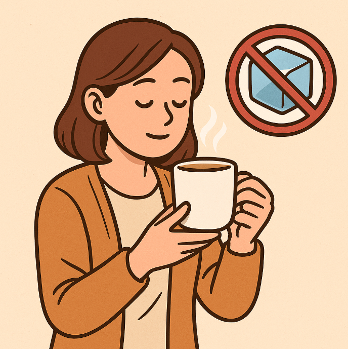 여름철 따뜻한 차로 냉증 예방하는 여성 캐릭터