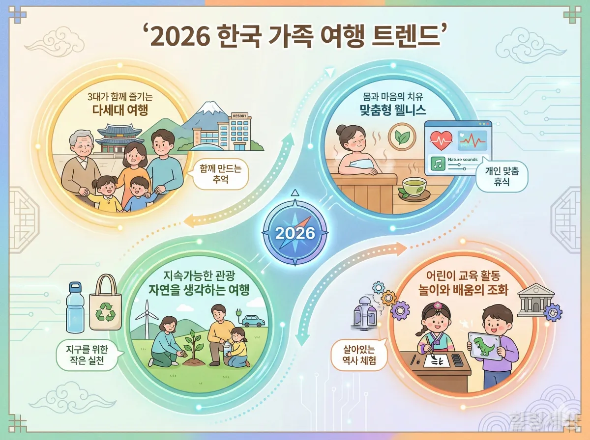 2026년 국내 가족 여행 트렌드를 보여주는 한국적인 디자인의 인포그래픽