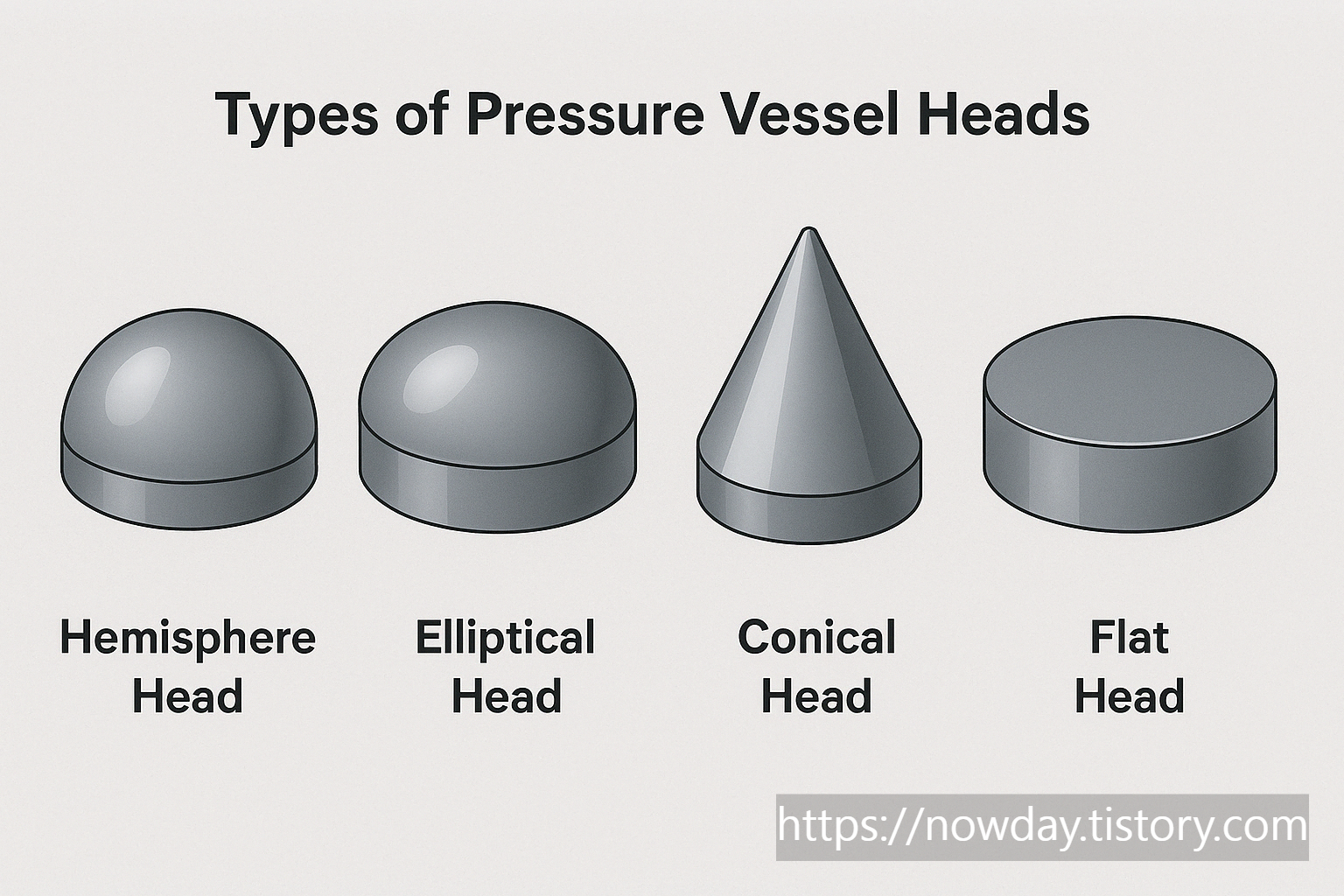압력용기 경판 종류 3D 모형 (반구형/2:1/콘형/플랫형)