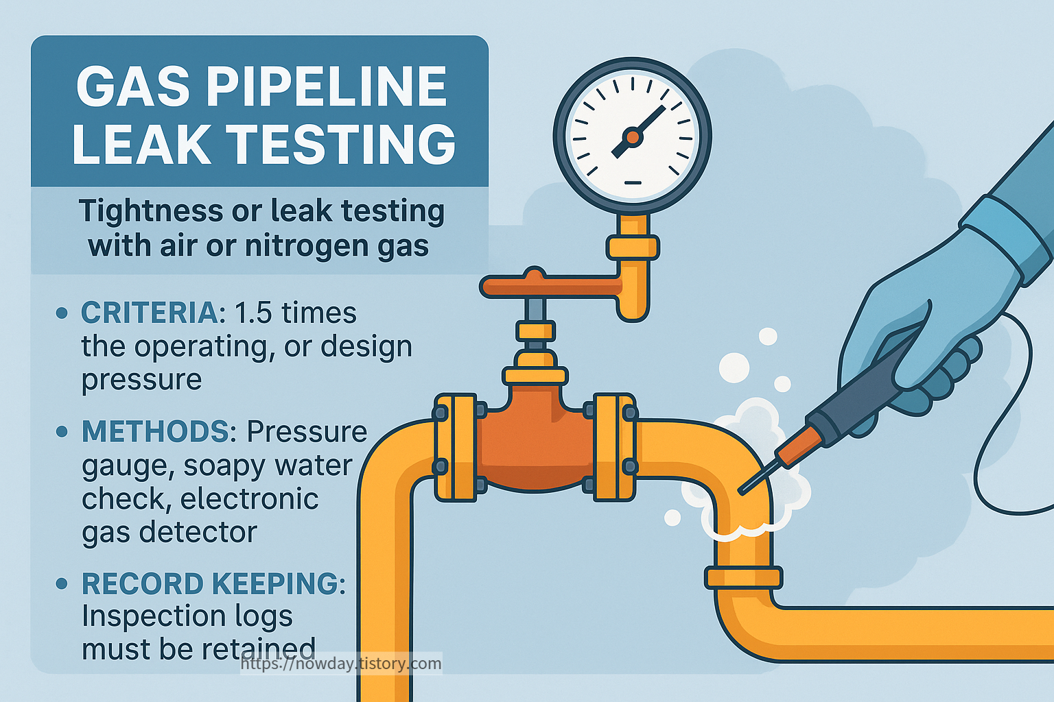 Gas pipeline leak test using pressure gauge, soapy water, and gas detector