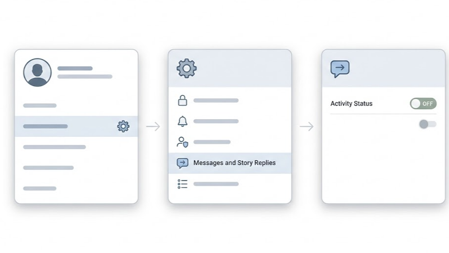 인스타그램 설정에서 메시지 및 스토리 답장 메뉴로 이동해 활동 상태를 끄는 과정을 보여주는 3단계 그래픽