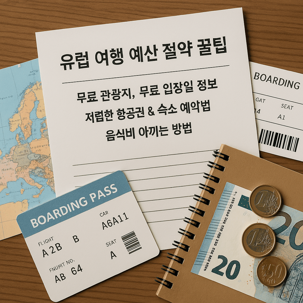 유럽 지도, 보딩패스, 유로 지폐와 동전, 여행 노트, 그리고 ‘유럽 여행 예산 절약 꿀팁’이 적힌 종이가 테이블 위에 놓인 여행 준비 장면