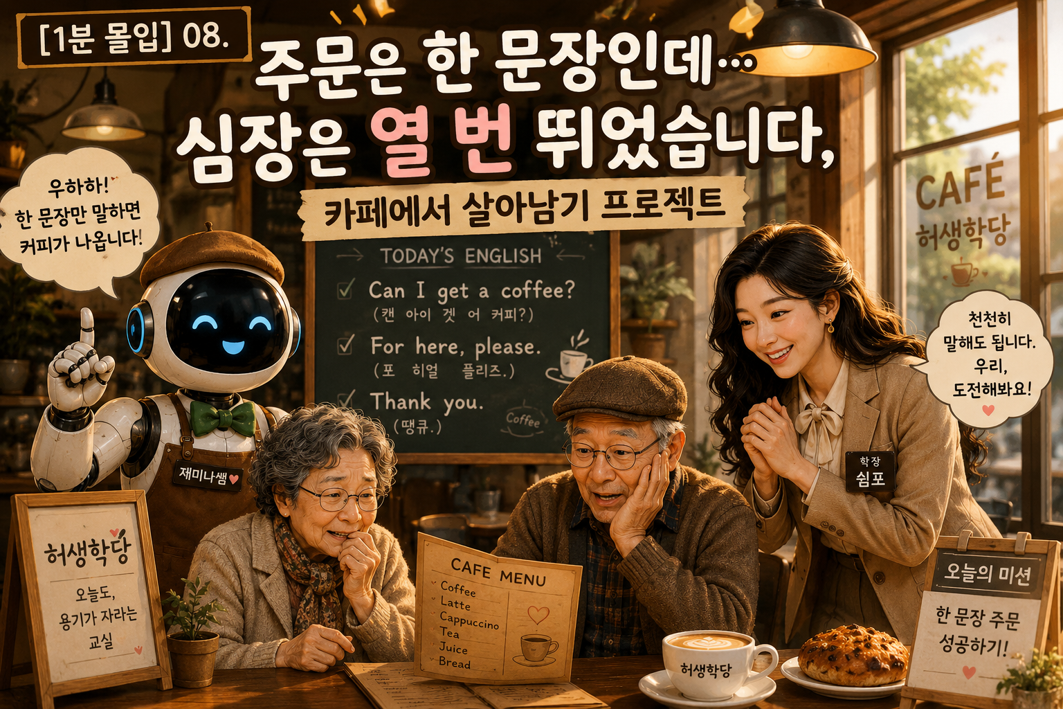 노을빛이 스며드는 감성 카페 안에서 AI 재미나쌤과 여자 쉼표 학장이 시니어 학우들의 첫 영어 주문 도전을 응원하고 있다. 카푸치노와 곰보빵이 놓인 테이블, 손글씨 메뉴판, 떨리는 표정의 학우들이 함께 어우러진 따뜻한 허생학당 08교시 메인 썸네일 이미지.
