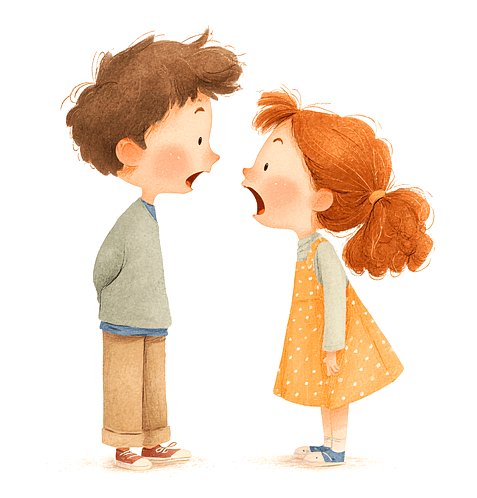 남자 아이와 여자 아이가 서서 얼굴을 보며 말싸움을 한다. 여자아이가 화가 많이 났다.