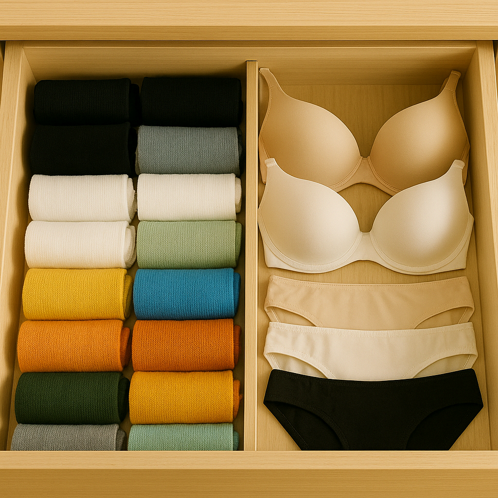색상별로 구분된 양말과 세트로 보관된 속옷