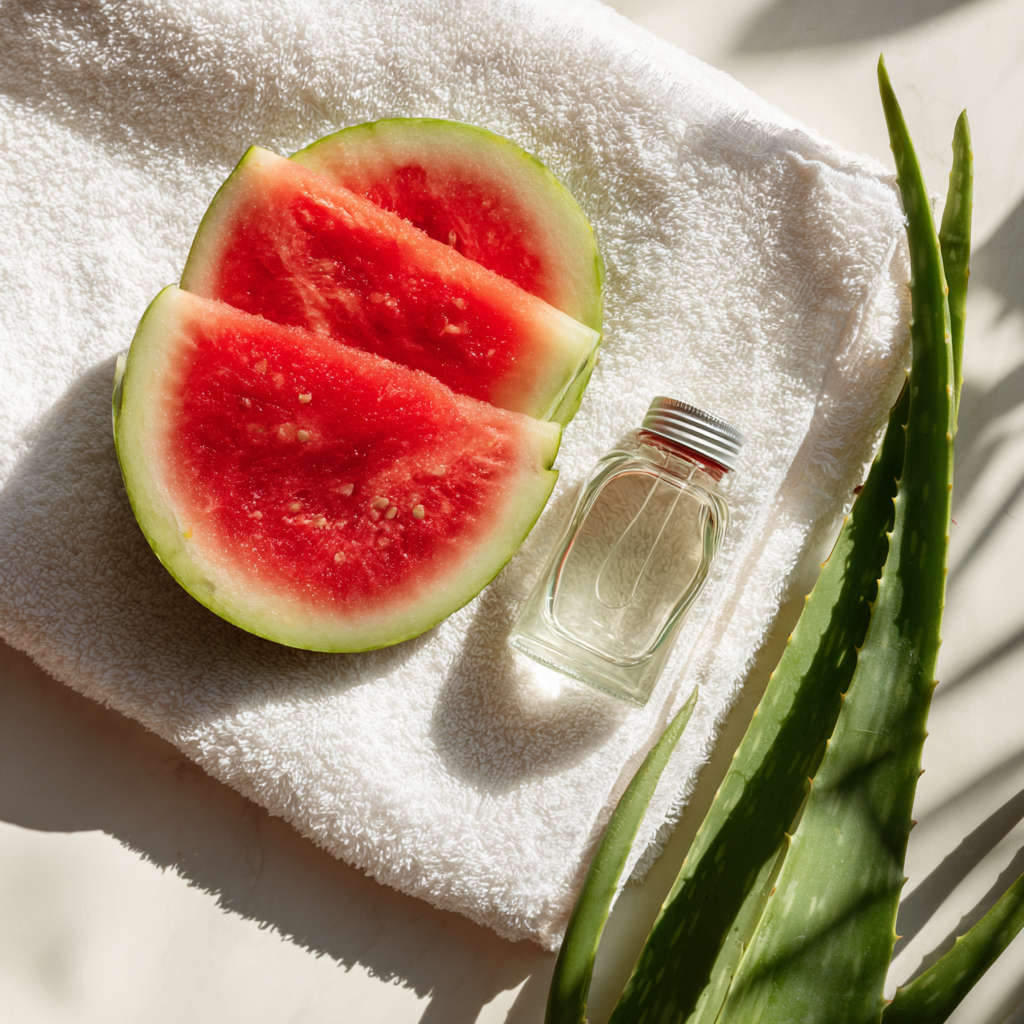 수박 껍질, 알로에젤, 쿨링미스트로 구성된 천연 스킨케어 재료