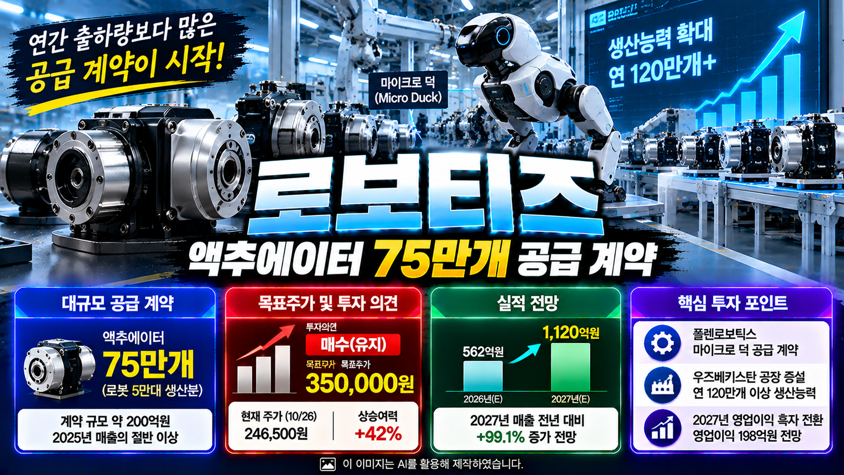 로보티즈(108490) 주가 전망, 액추에이터 75만 개 공급 계약, 목표주가 350,000원 유지 및 우즈베키스탄 공장 증설과 2027년 매출 1,120억 원 전망