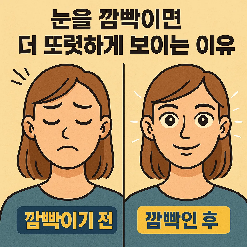 눈을-깜빡이면-시야가-더-또렷해지는-이유를-전후-비교로-표현한-일러스트로-여성의-표정-변화와-광선-아이콘이-강조됨