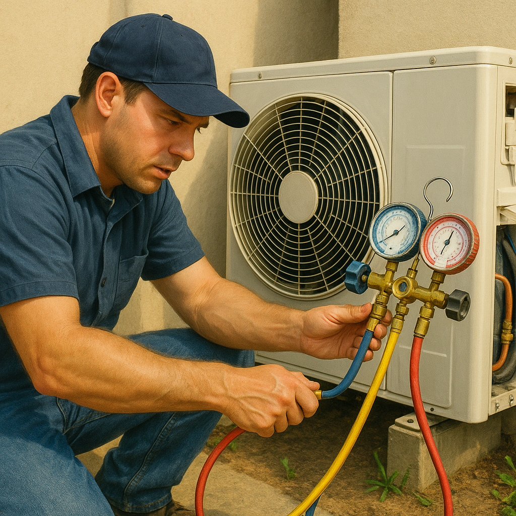 에어컨 실외기에 냉매 게이지 매니폴드를 연결해 점검하는 기술자