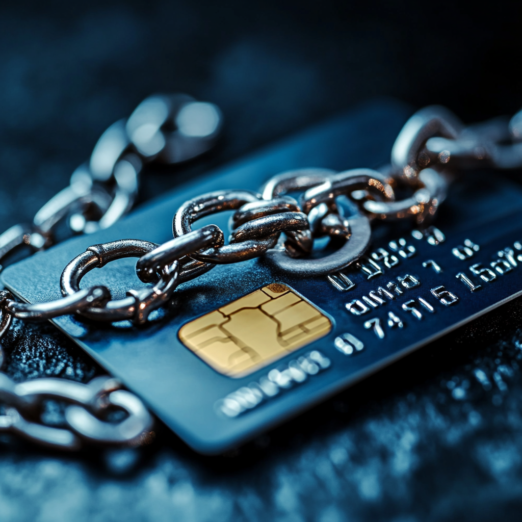 신용카드에 체인이 감겨 있는 이미지, 과소비와 채무의 위험을 경고