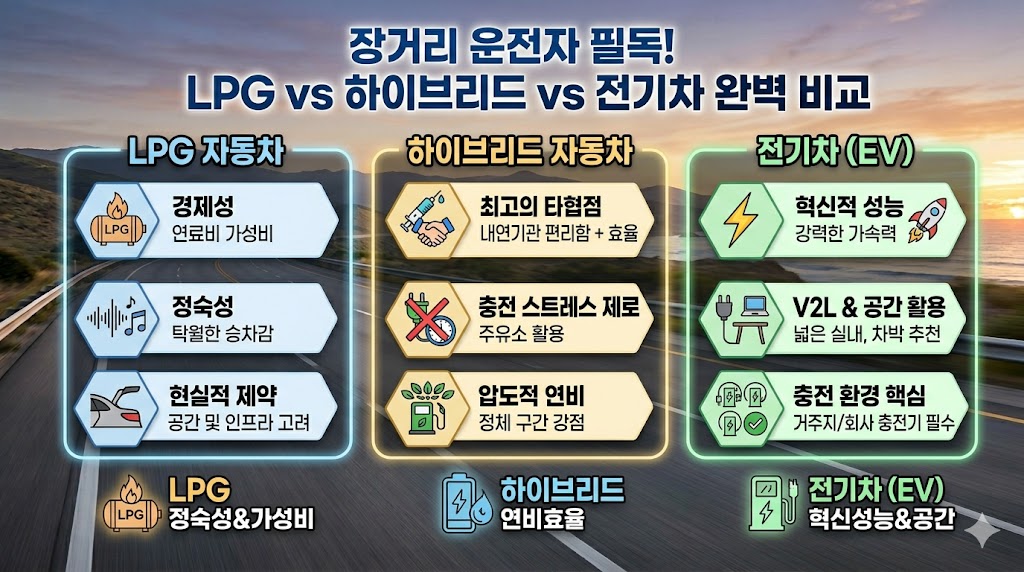 LPG(경제성, 정숙성), 하이브리드(최고의 효율, 충전 스트레스 제로), 전기차(혁신적 성능, 공간 활용)의 장단점을 한눈에 비교한 자동차 선택 가이드 인포그래픽