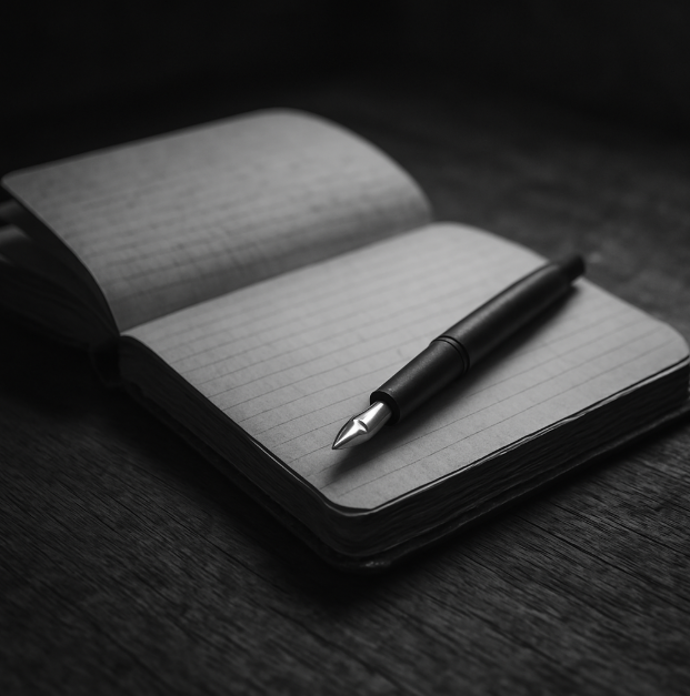 "빛이 은은하게 비추는 오래된 나무 책상 위에 펼쳐진 공책과 놓인 만년필, 고요하고 감성적인 흑백 장면"