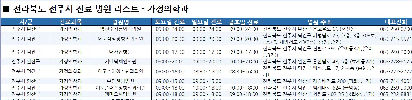전주시-일요일-진료병원-리스트-예시